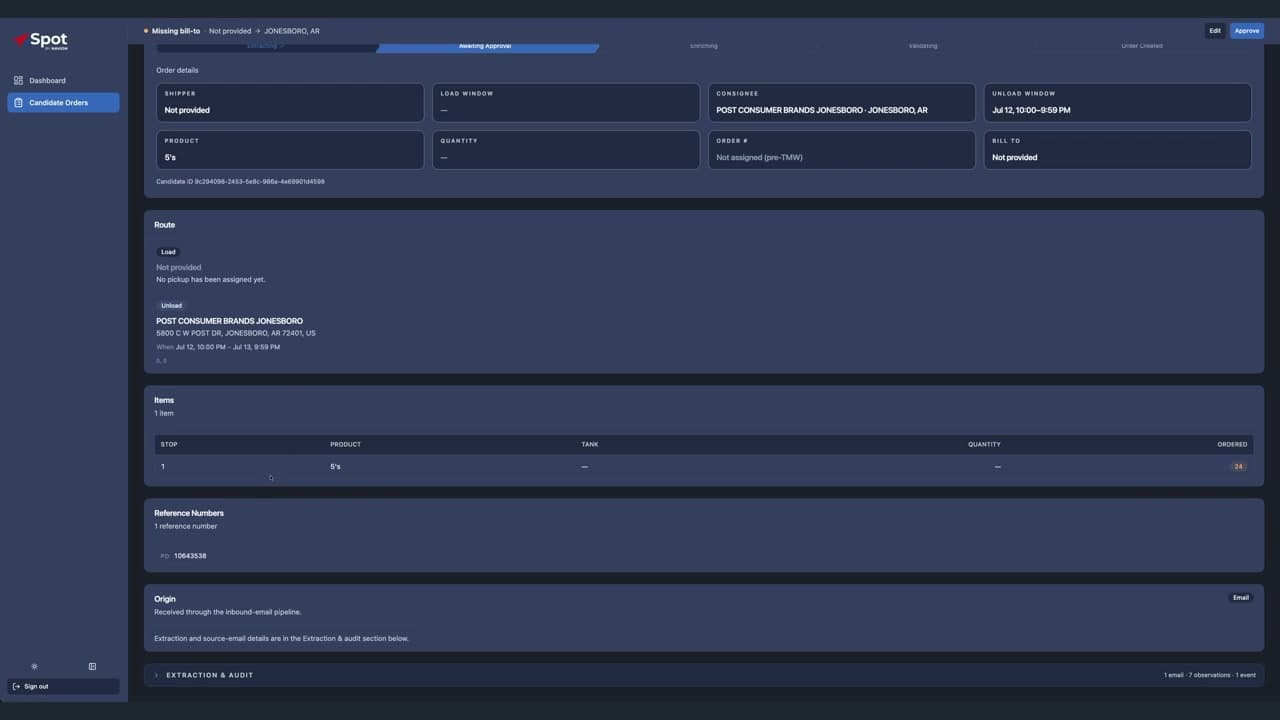 Spot candidate detail showing a structured order extracted from an email
