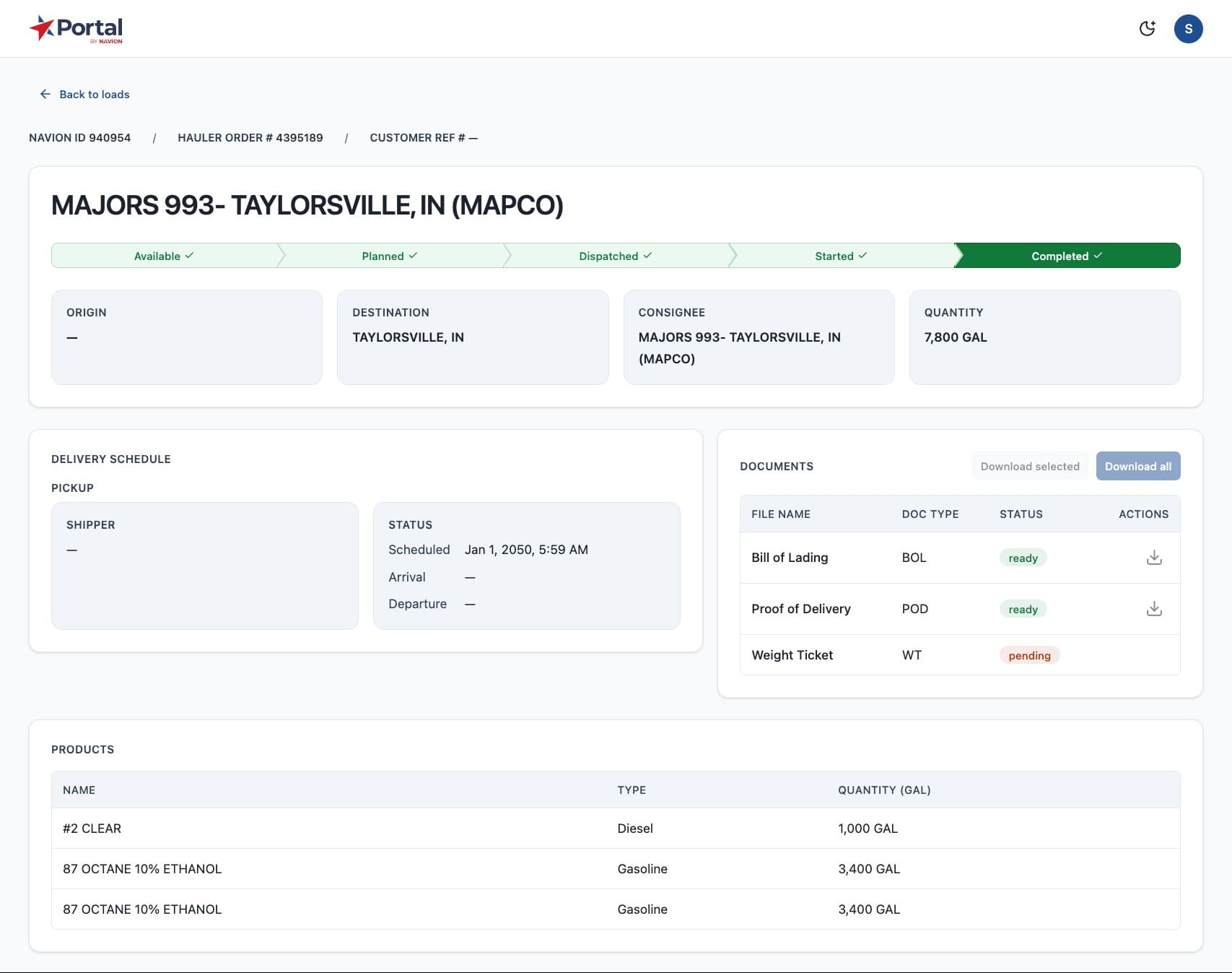 Portal by Navion load detail showing lifecycle status, delivery schedule, and downloadable documents