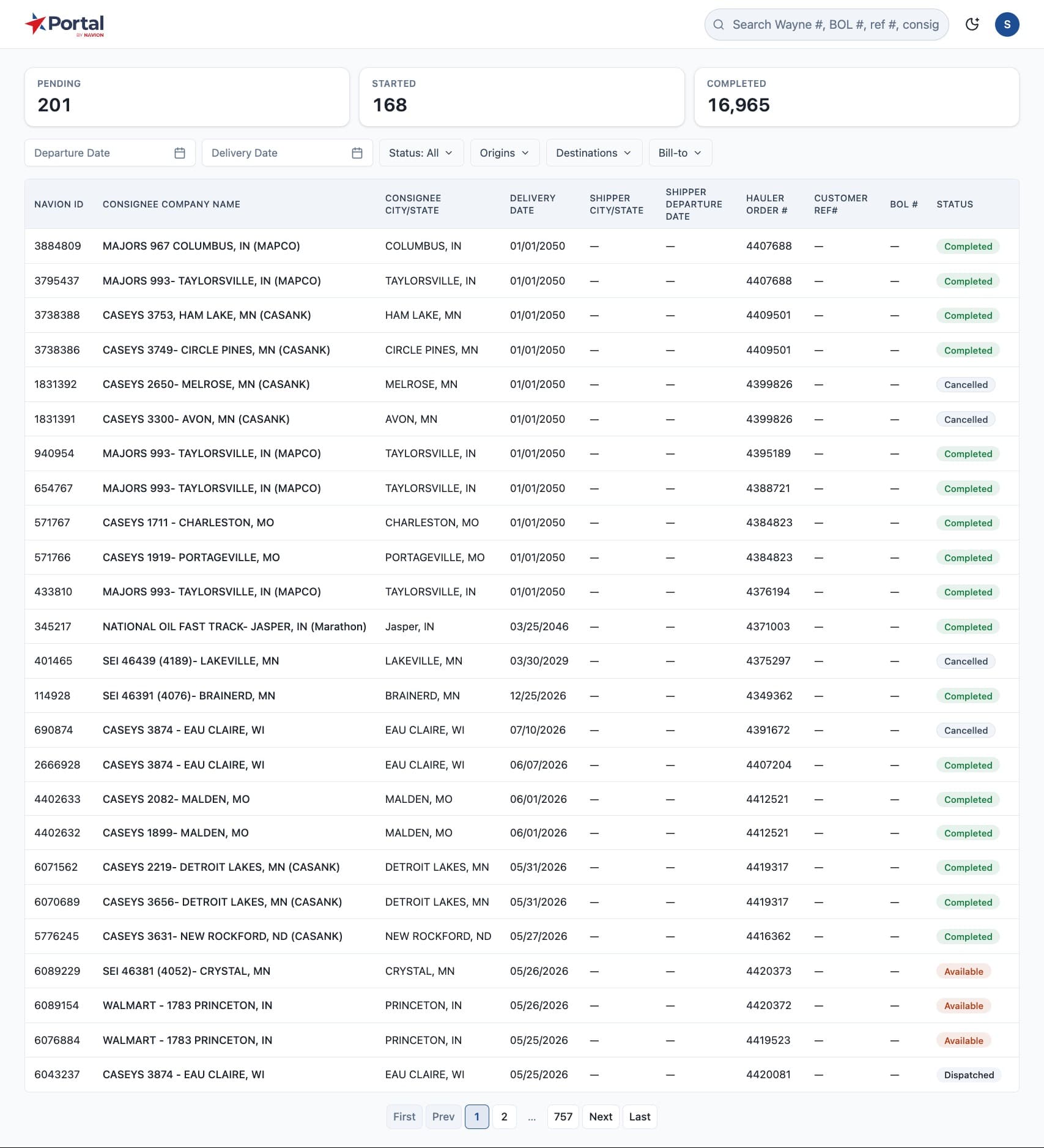 Portal by Navion loads list showing pending, started, and completed orders