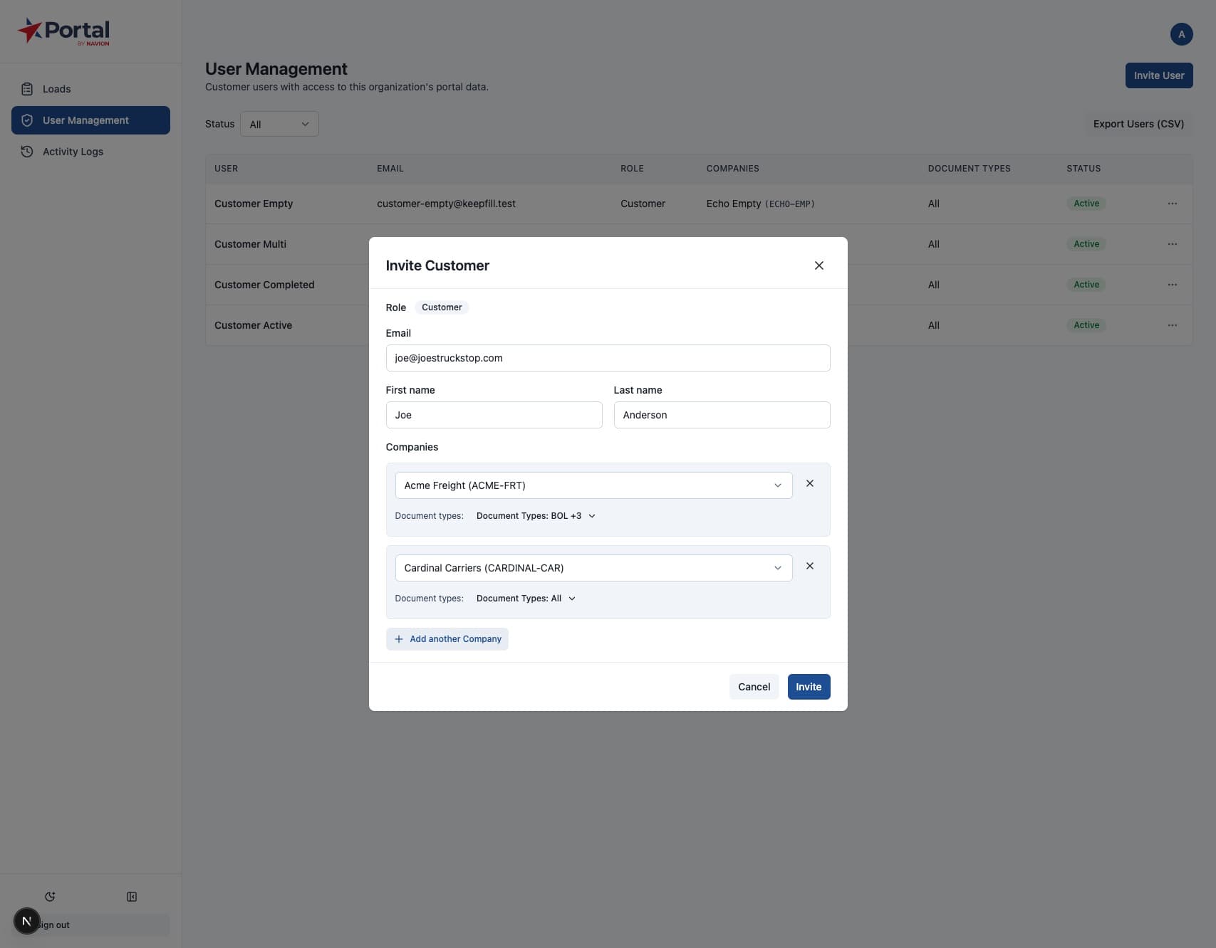Portal by Navion user management showing per-customer access scoping for an enterprise account