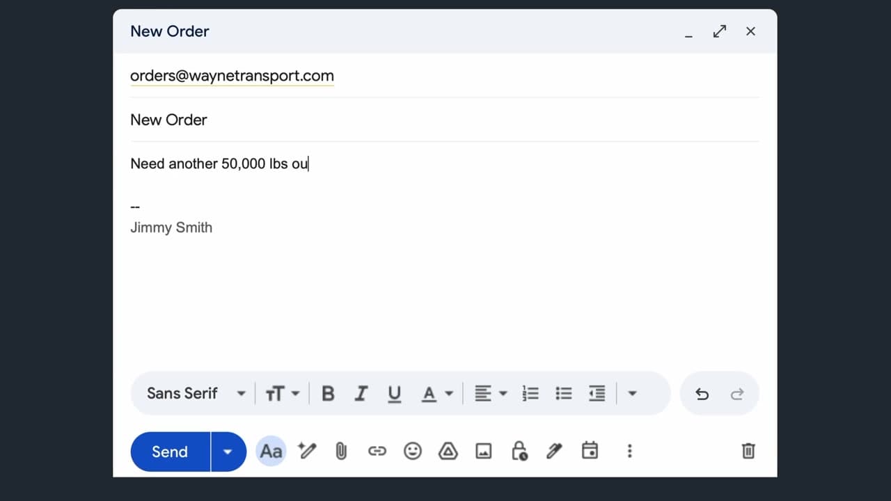 Dispatcher rekeying a freeform order email into the TMS